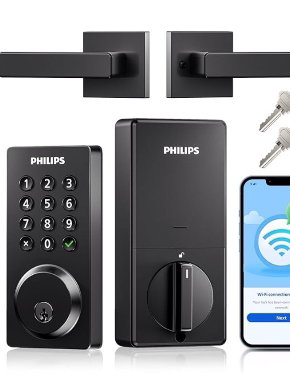 Philips Black Smart Keypad Deadbolt with Matching Lever Handles